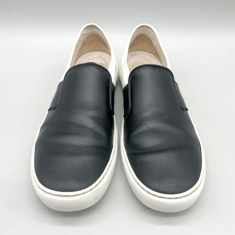 Chanel Womens 40 CC Logo Slip On Sneakers Black White Leather Tennis Preppy Chic